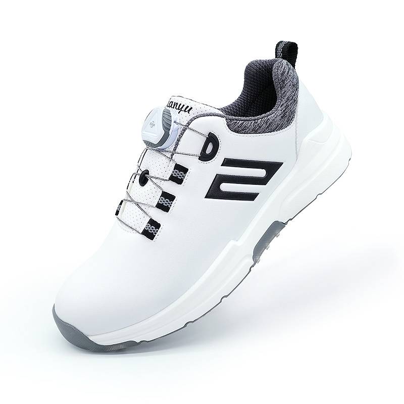Golf man's slipper-resistant, water-resistant revolving-button belts are pegged in white to increase his leisure outdoor sports shoes