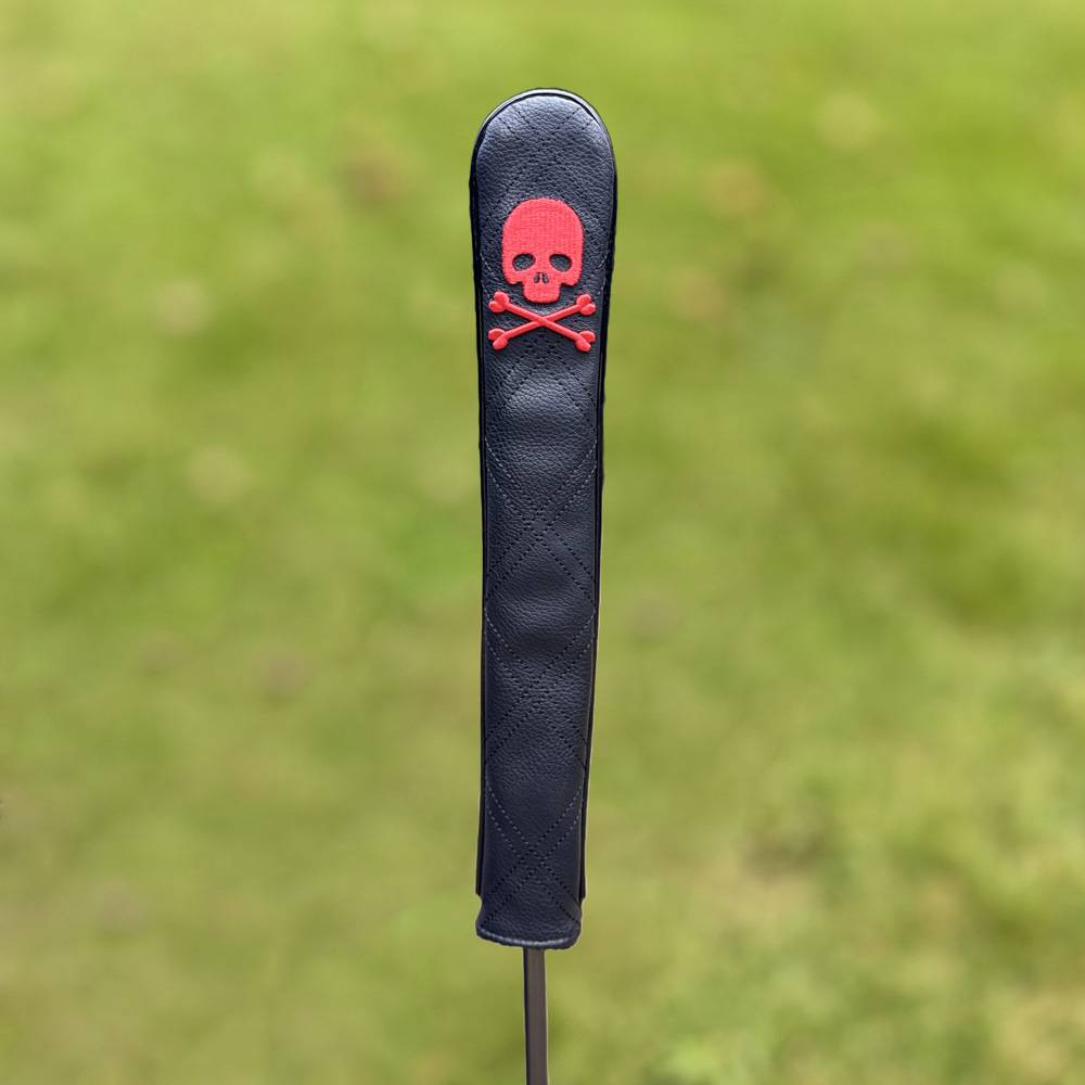 GOLF POINTS TO A SKULL-DIRECTIONED PU LEATHER LOCATOR TO PRACTICE BASEBALL ROD PROTECTION