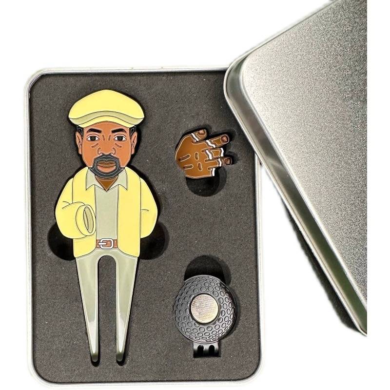 A stand-alone creative golf tool box with a toon character with a fruit-ridge fork set with a magnet-sucking metal ball fork