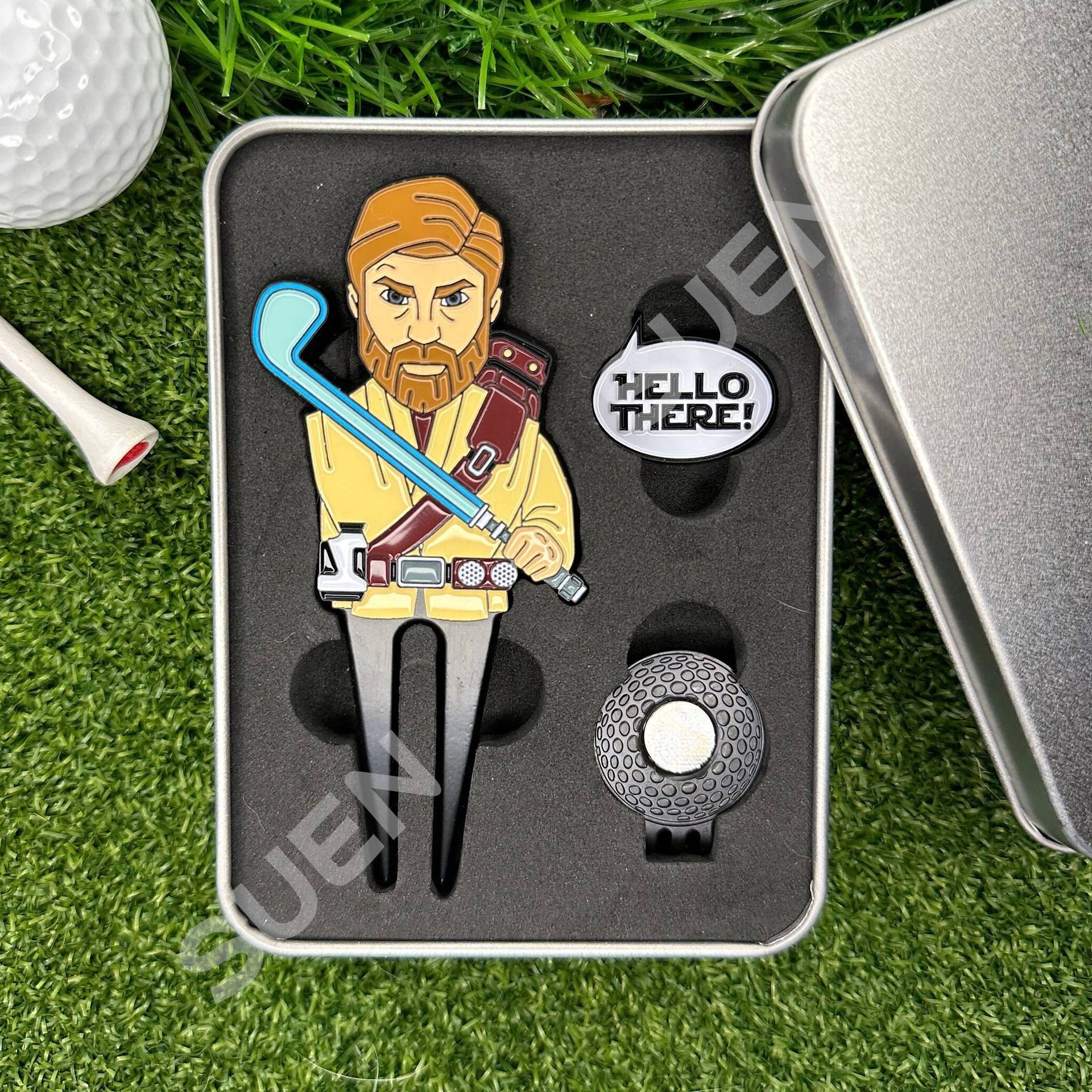 A stand-alone creative golf tool box with a toon character with a fruit-ridge fork set with a magnet-sucking metal ball fork