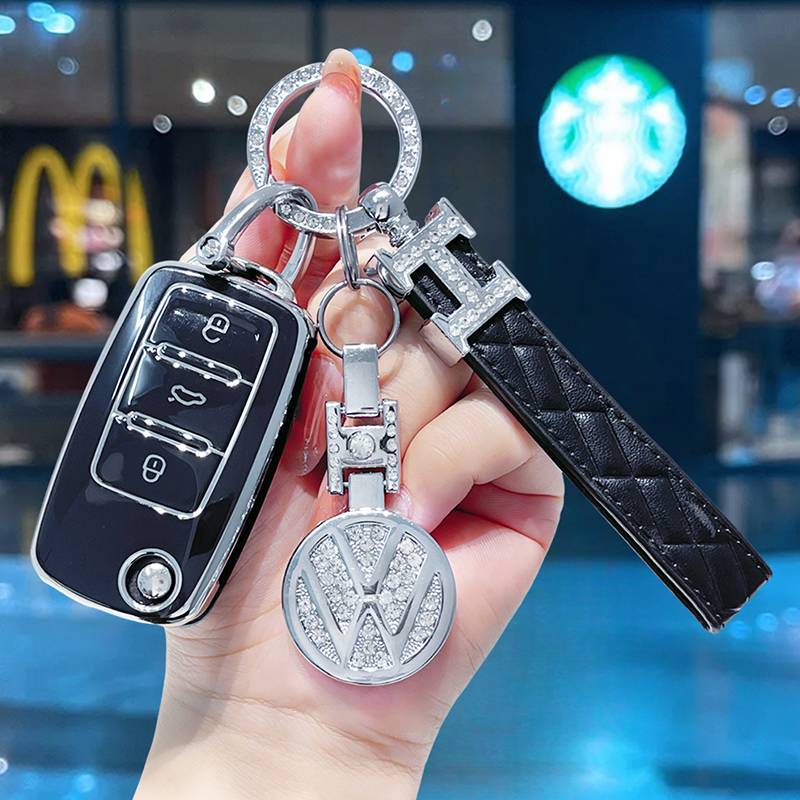 [Volkswagen A] Black-high-grade leather rope buckle+drilling car logo