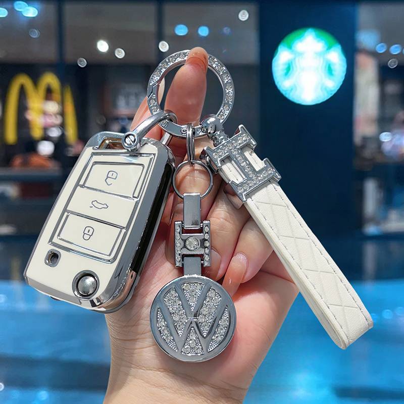[Volkswagen B] White-high-grade leather rope buckle+drilling car logo