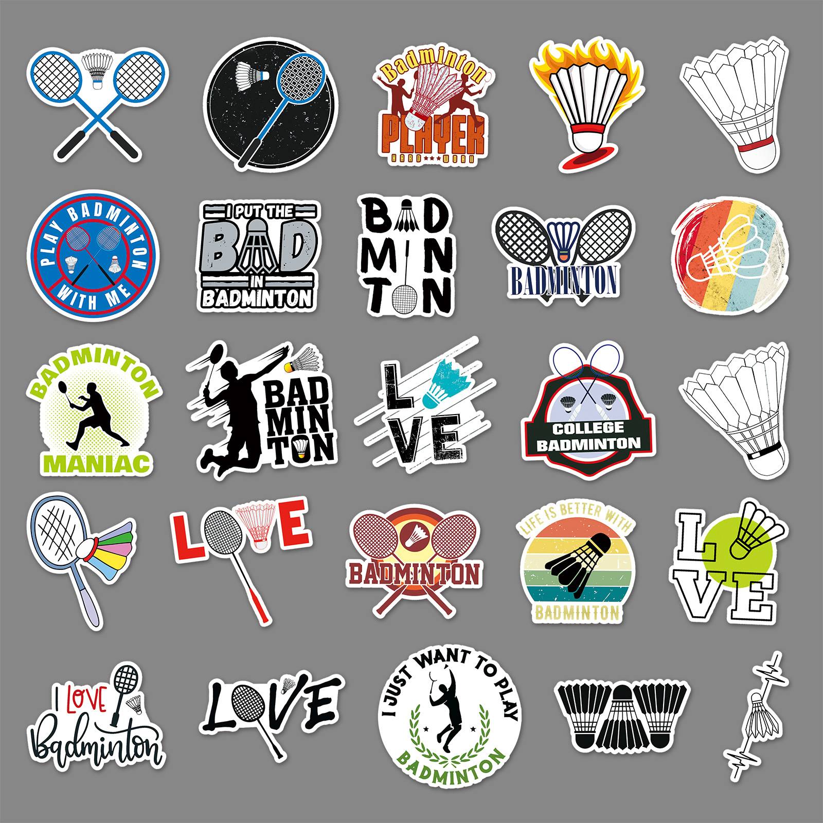 50 personalized cartoon sports badminton graffiti stickers, a suitcase, mobile phone cup laptop ipad tip box, electric car helmet hand, hand, hand guitar decorative sticker waterproof