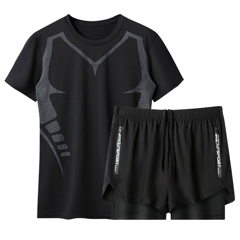 Fitness clothes Men's summer short -sleeved marathon basketball training equipment short pants speed dry running sports suit ice silk