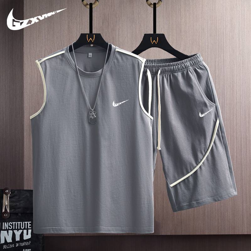 Nykton Summer Men's Ice Sports Vest Set Juvenile Tide Loose Sleeveless T -shirt Shorts Basketball Uniform