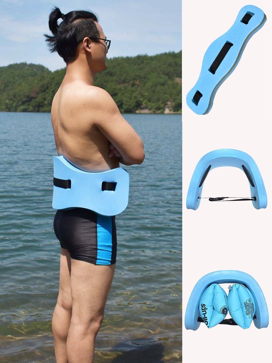 Adult men and girls learn swimming equipment for beginners.