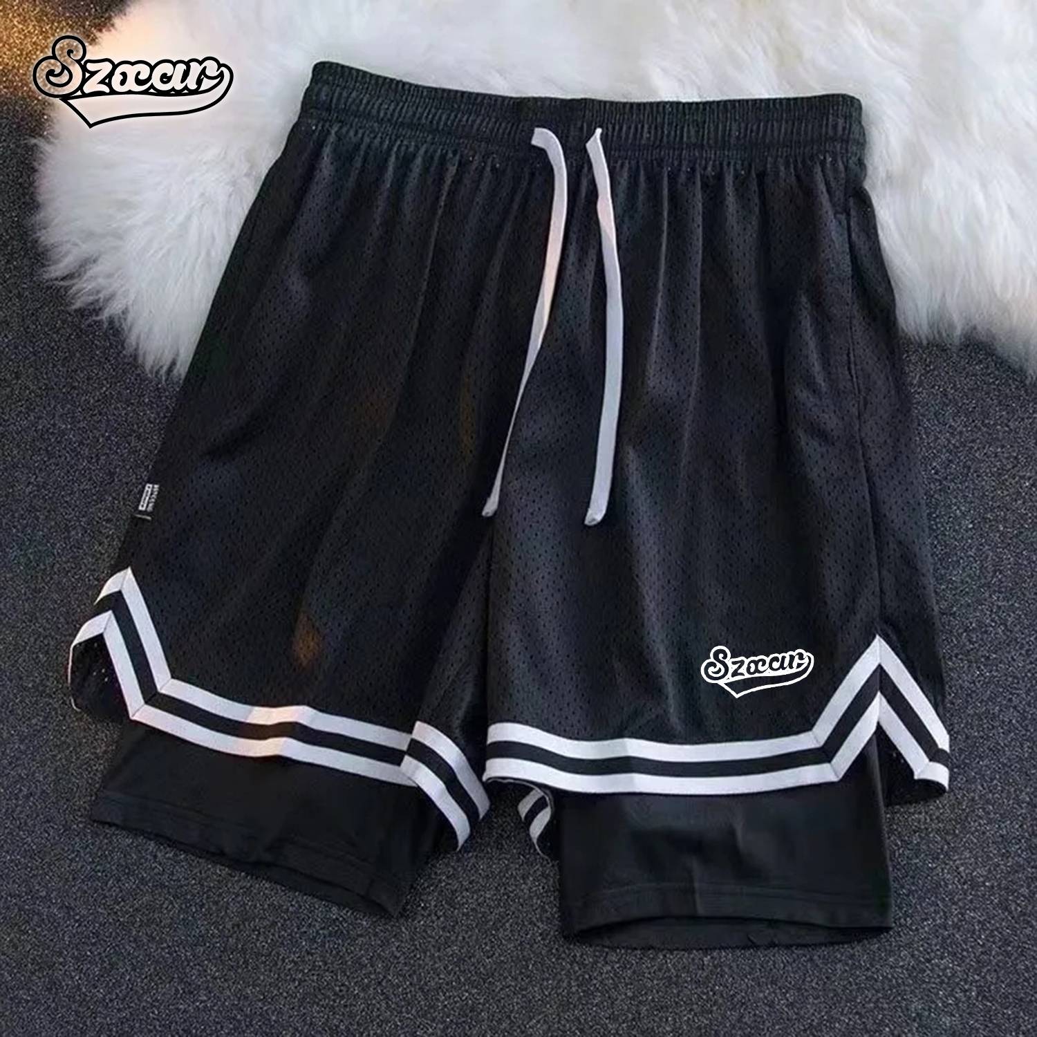 SXZAR band inner ice silk double -layer American basketball shorts North card blue training pants loose running fake