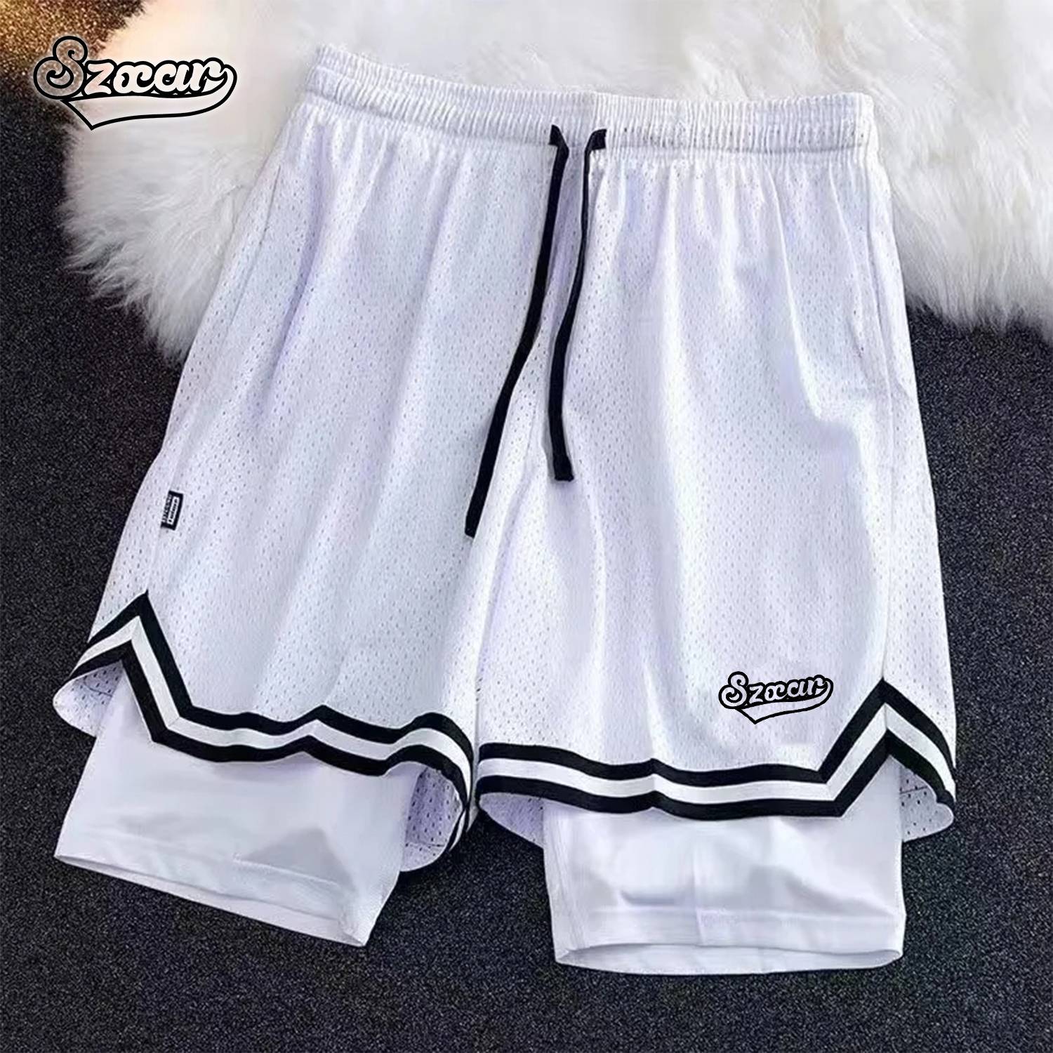 SXZAR band inner ice silk double -layer American basketball shorts North card blue training pants loose running fake