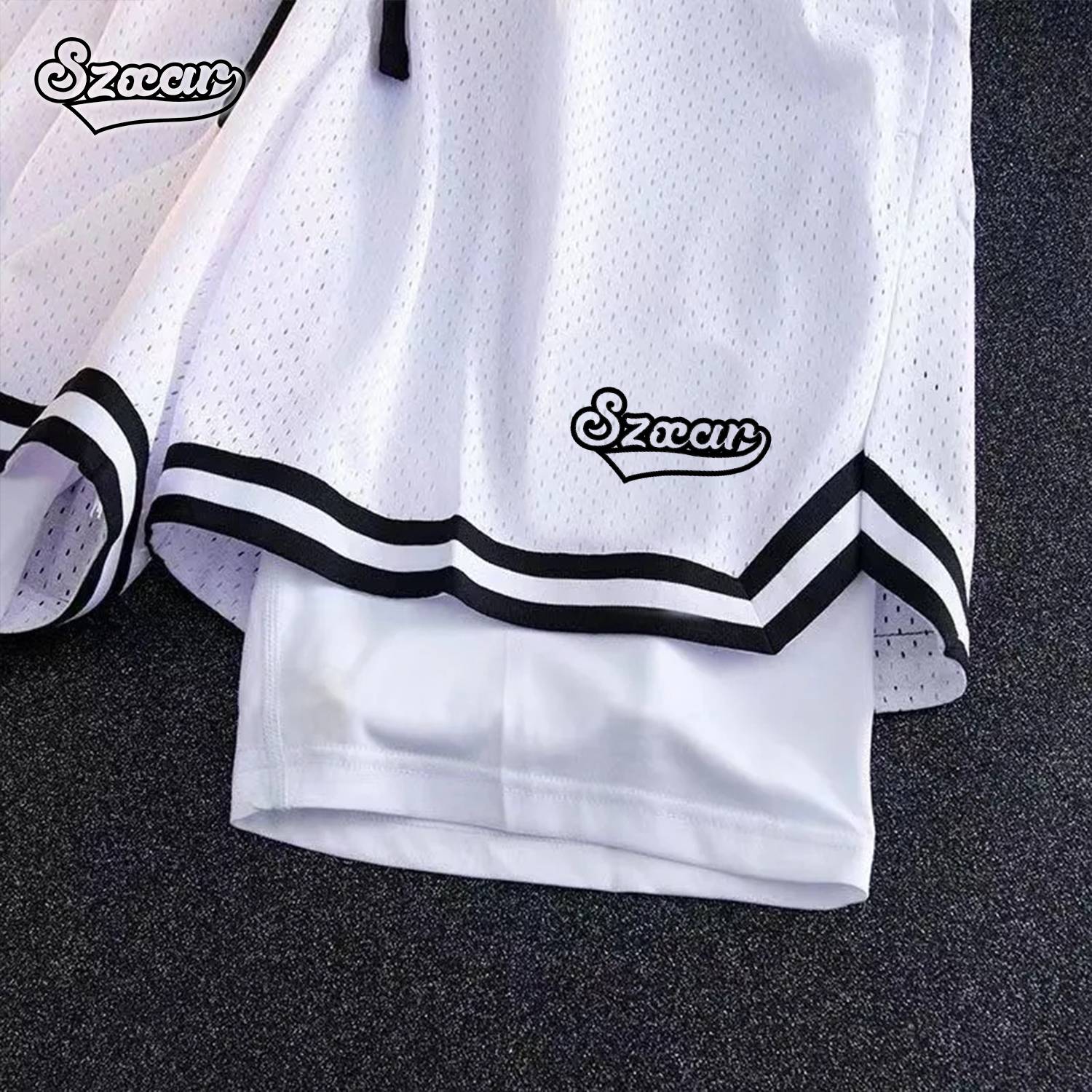 SXZAR band inner ice silk double -layer American basketball shorts North card blue training pants loose running fake