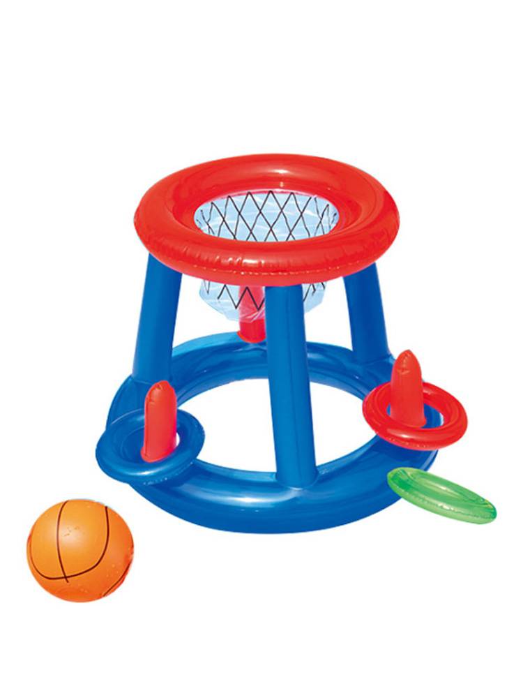 A super-inflated volleyball net floating on a football door and a basketball ball roller