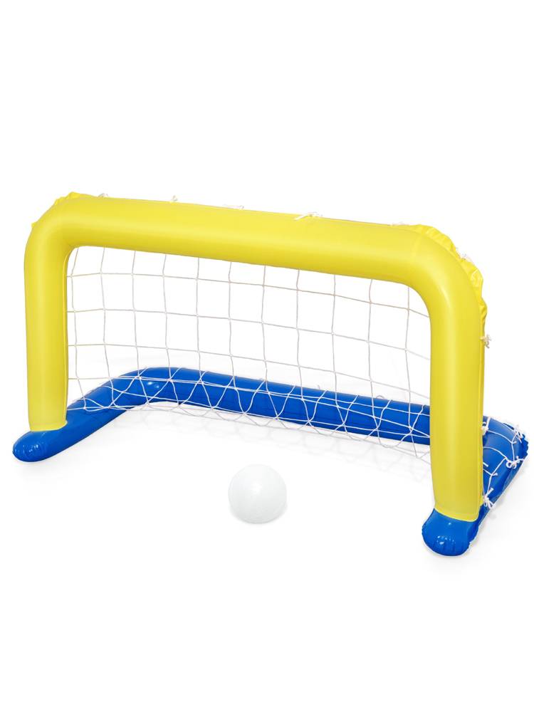 A super-inflated volleyball net floating on a football door and a basketball ball roller