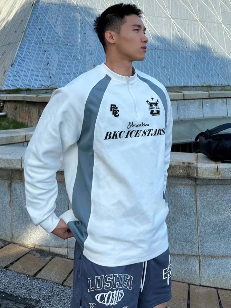 American basketball long -sleeved male round neck zipper shooting service retro football uniform fitness fast dry sports T -shirt ice hockey uniform