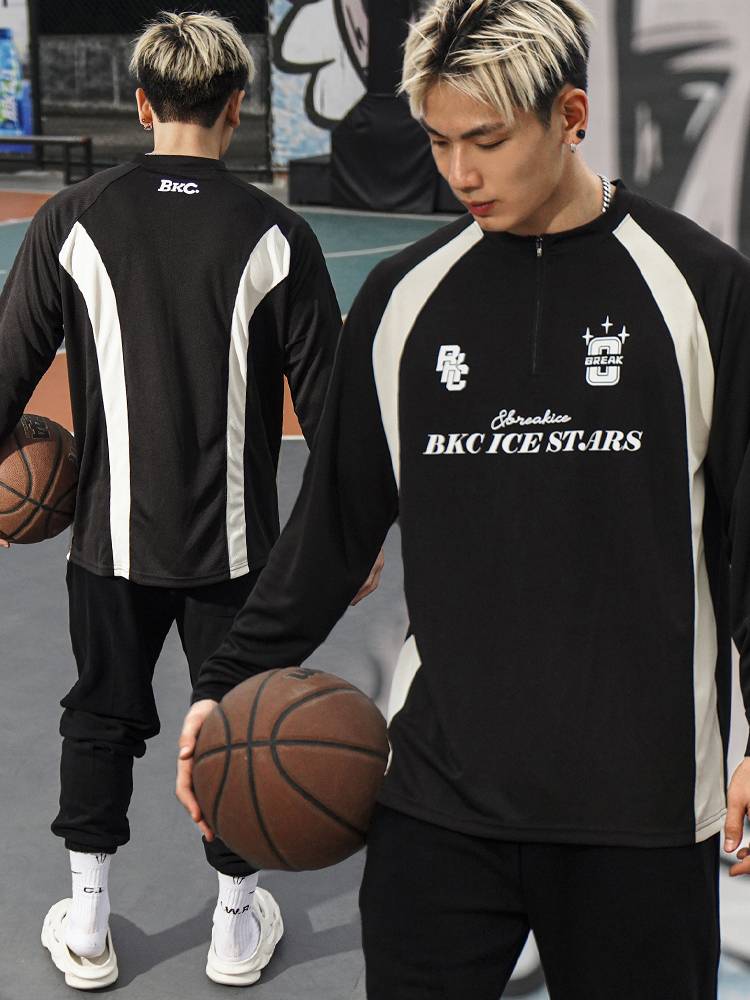 American basketball long -sleeved male round neck zipper shooting service retro football uniform fitness fast dry sports T -shirt ice hockey uniform