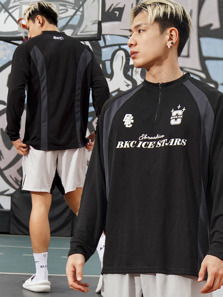 American basketball long -sleeved male round neck zipper shooting service retro football uniform fitness fast dry sports T -shirt ice hockey uniform