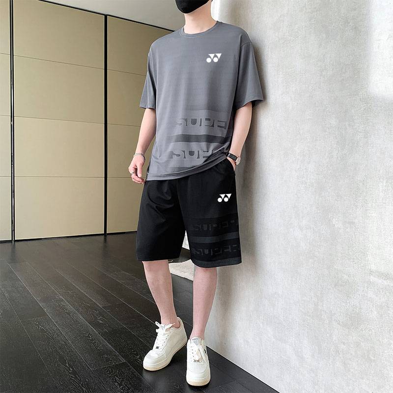 Yenix Sports Set Men's Summer 2024 New Bingshi Dry Short -sleeved T -shirt Badminton Server Two -piece
