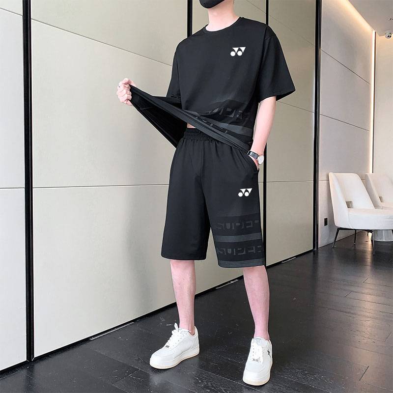 Yenix Sports Set Men's Summer 2024 New Bingshi Dry Short -sleeved T -shirt Badminton Server Two -piece