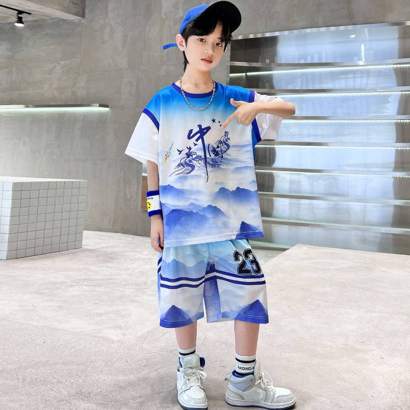 Barlabara boys summer clothing 23 ball suit set children's summer Chinese style basketball uniforms in the big children sports ice