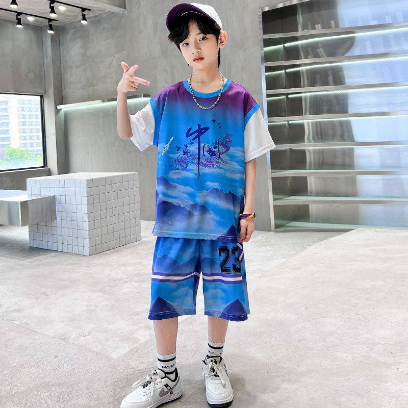 Barlabara boys summer clothing 23 ball suit set children's summer Chinese style basketball uniforms in the big children sports ice
