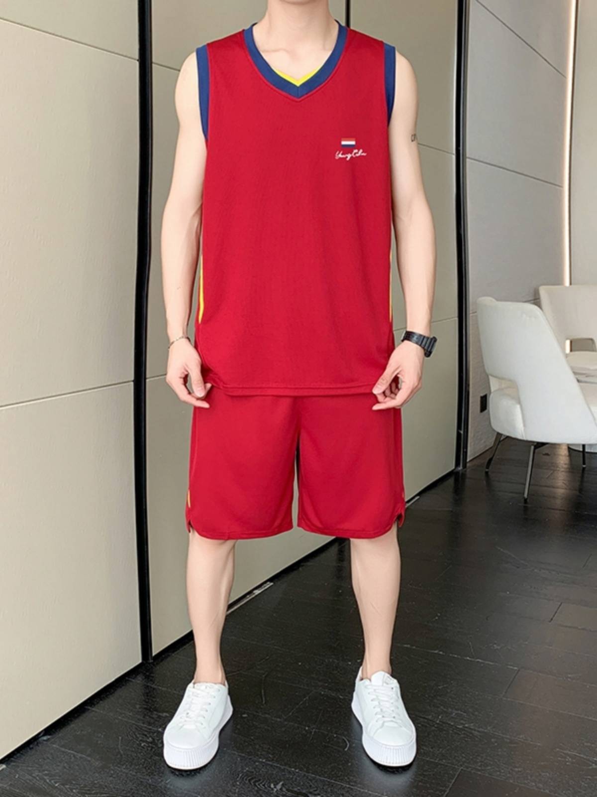 Customized basketball men's summer ice silk fast dry sleeveless V -neck uniform running sports fitness large size basketball suit suit