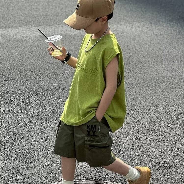 Sleeveless T -shirt Boys Summer Ice Speed Basketball Speed Basketball Vest and Shoulder Casual Set Big Boy Clothing Set
