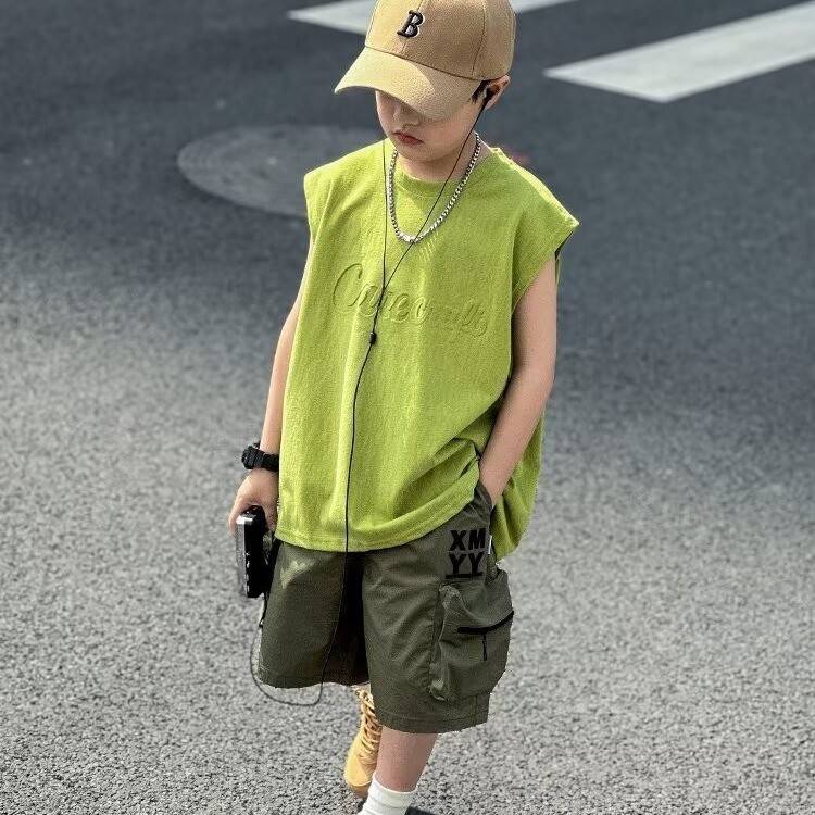Sleeveless T -shirt Boys Summer Ice Speed Basketball Speed Basketball Vest and Shoulder Casual Set Big Boy Clothing Set
