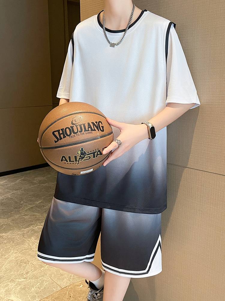 Summer ice silk T-shirt boys 12-15 years old young students basketball suit set 13 big children's sports vest jersey