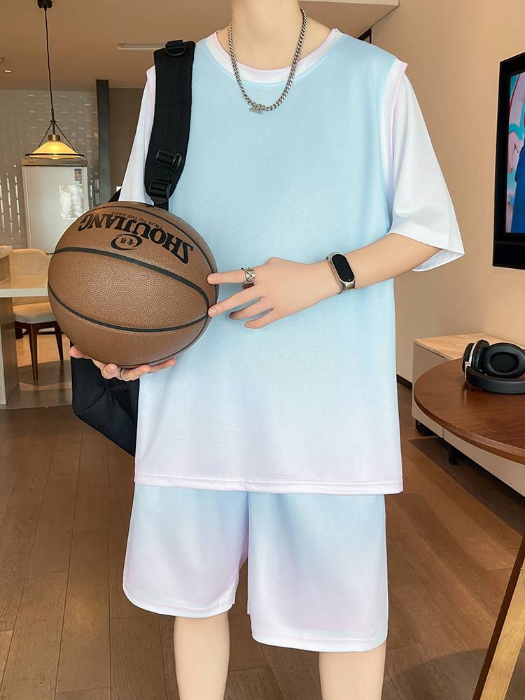 Summer ice silk T-shirt boys 12-15 years old young students basketball suit set 13 big children's sports vest jersey