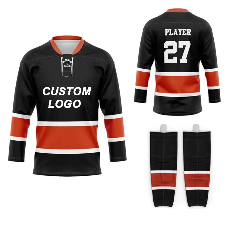 wholesale oem sublimated hockey uniform full set polyester quick dry youth hockey jersey and socks sports jerseys with lace