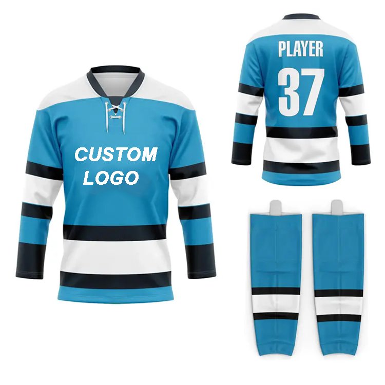 wholesale oem sublimated hockey uniform full set polyester quick dry youth hockey jersey and socks sports jerseys with lace