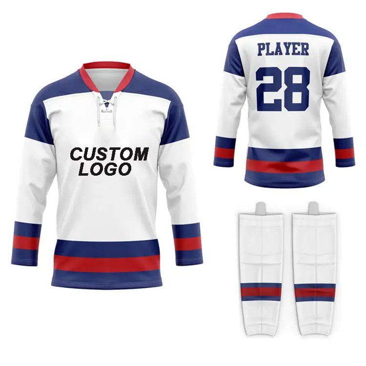 wholesale oem sublimated hockey uniform full set polyester quick dry youth hockey jersey and socks sports jerseys with lace