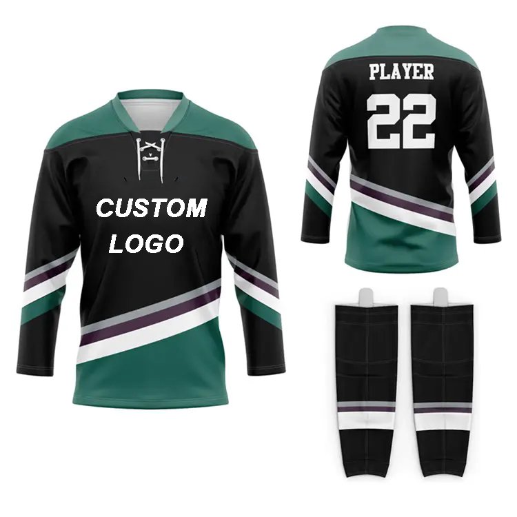 wholesale oem sublimated hockey uniform full set polyester quick dry youth hockey jersey and socks sports jerseys with lace
