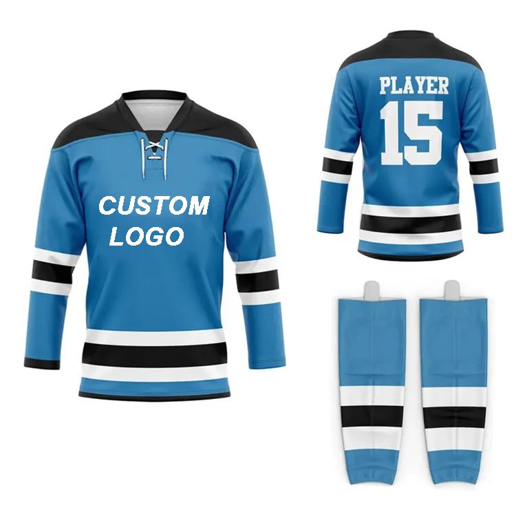 wholesale oem sublimated hockey uniform full set polyester quick dry youth hockey jersey and socks sports jerseys with lace