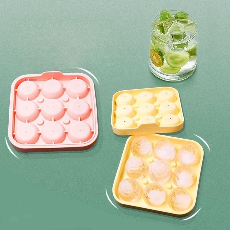 New arrived 9 rose shape ice cube mold silicone ice box maker funnel one mini rose whiskey ice hockey mold