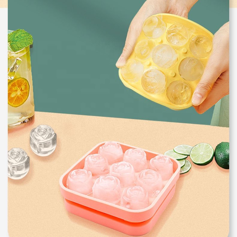 New arrived 9 rose shape ice cube mold silicone ice box maker funnel one mini rose whiskey ice hockey mold