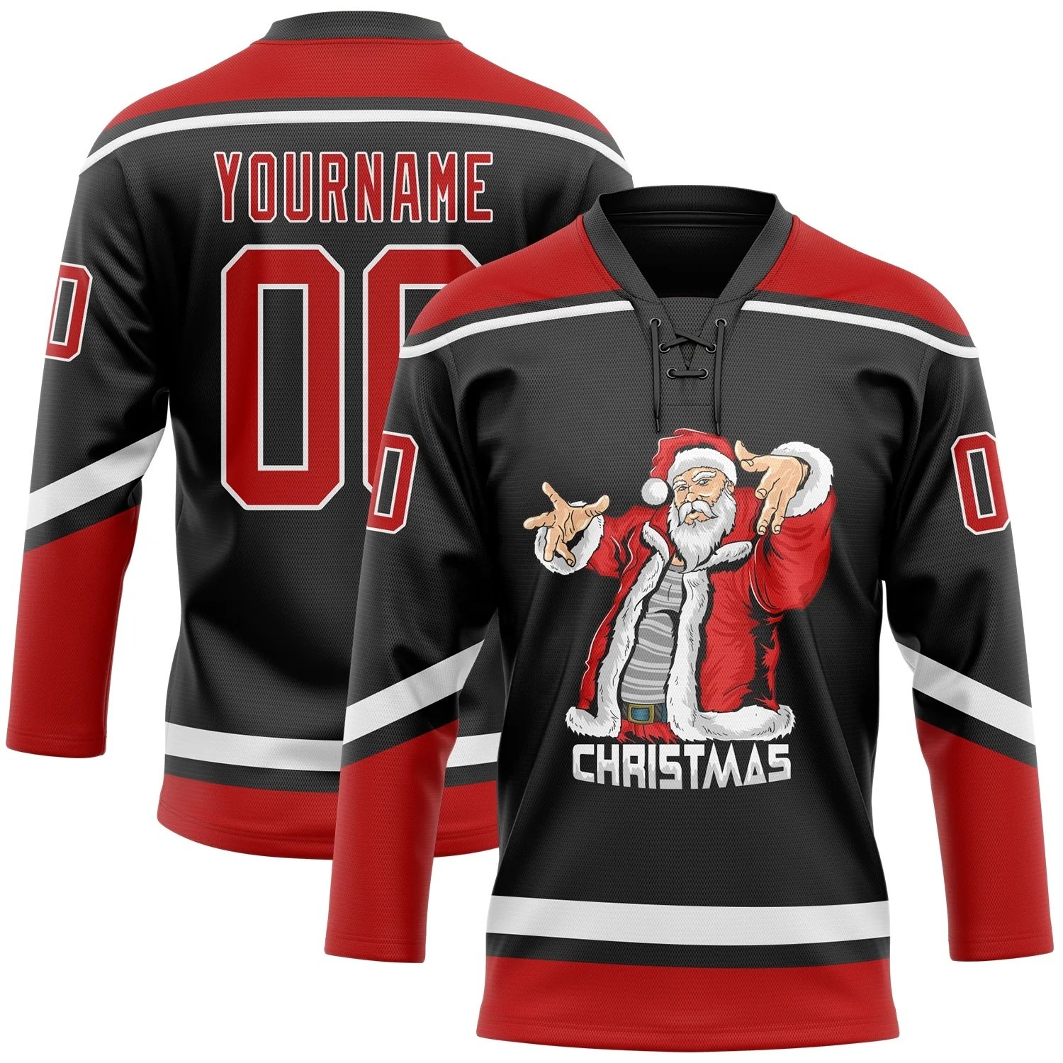2024 Top QualityCUSTOM BLACK RED-WHITE CHRISTMAS SANTA CLAUS 3D HOCKEY LACE NECK JERSEY