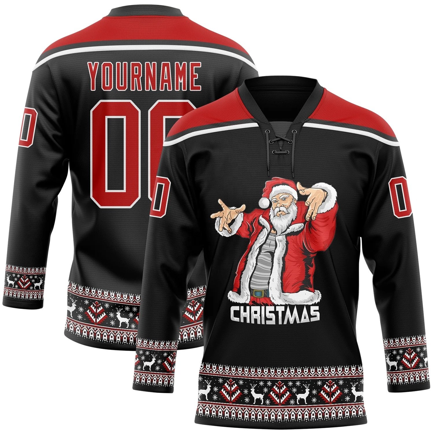2024 Top QualityCUSTOM BLACK RED-WHITE CHRISTMAS SANTA CLAUS 3D HOCKEY LACE NECK JERSEY