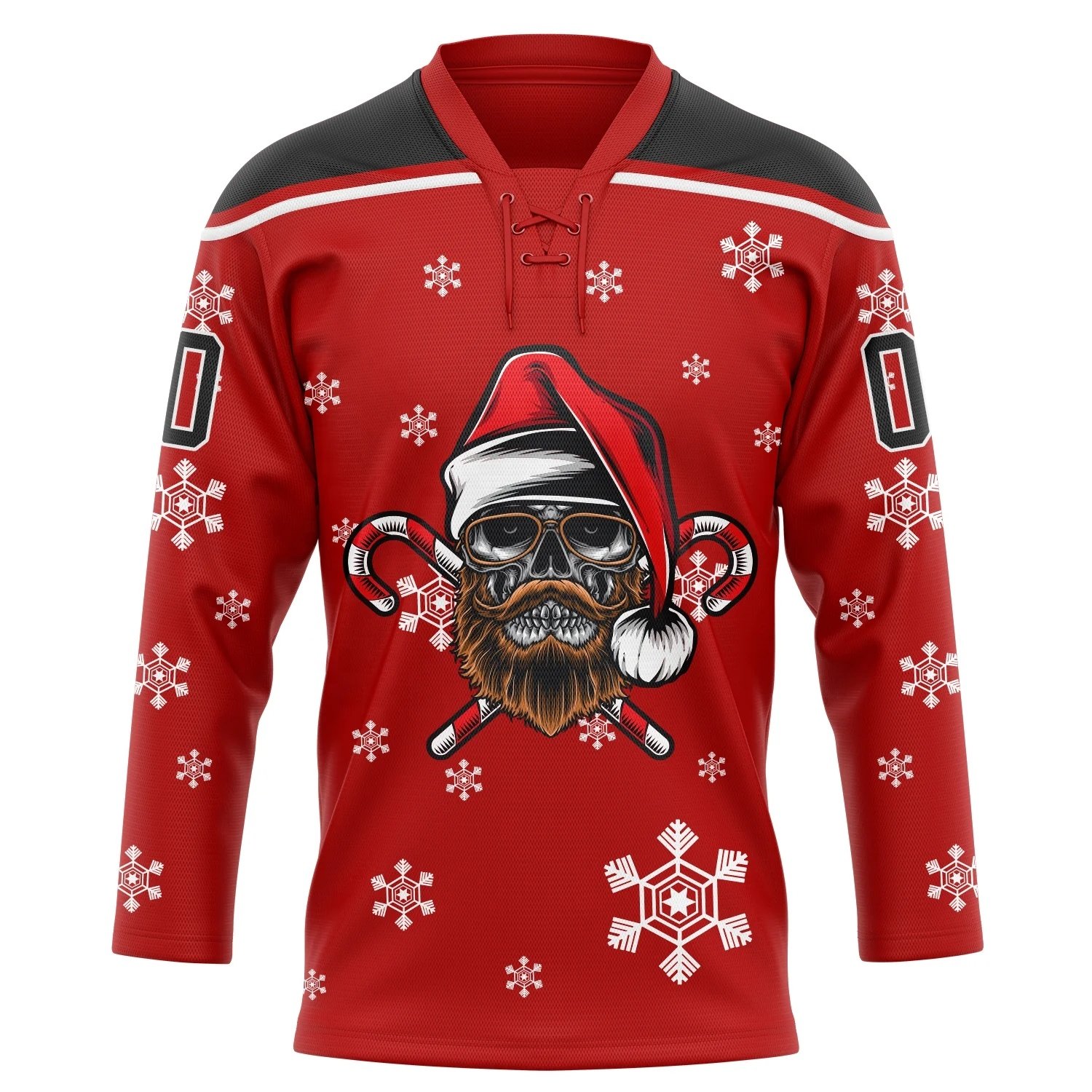 2024 Top QualityCUSTOM BLACK RED-WHITE CHRISTMAS SANTA CLAUS 3D HOCKEY LACE NECK JERSEY
