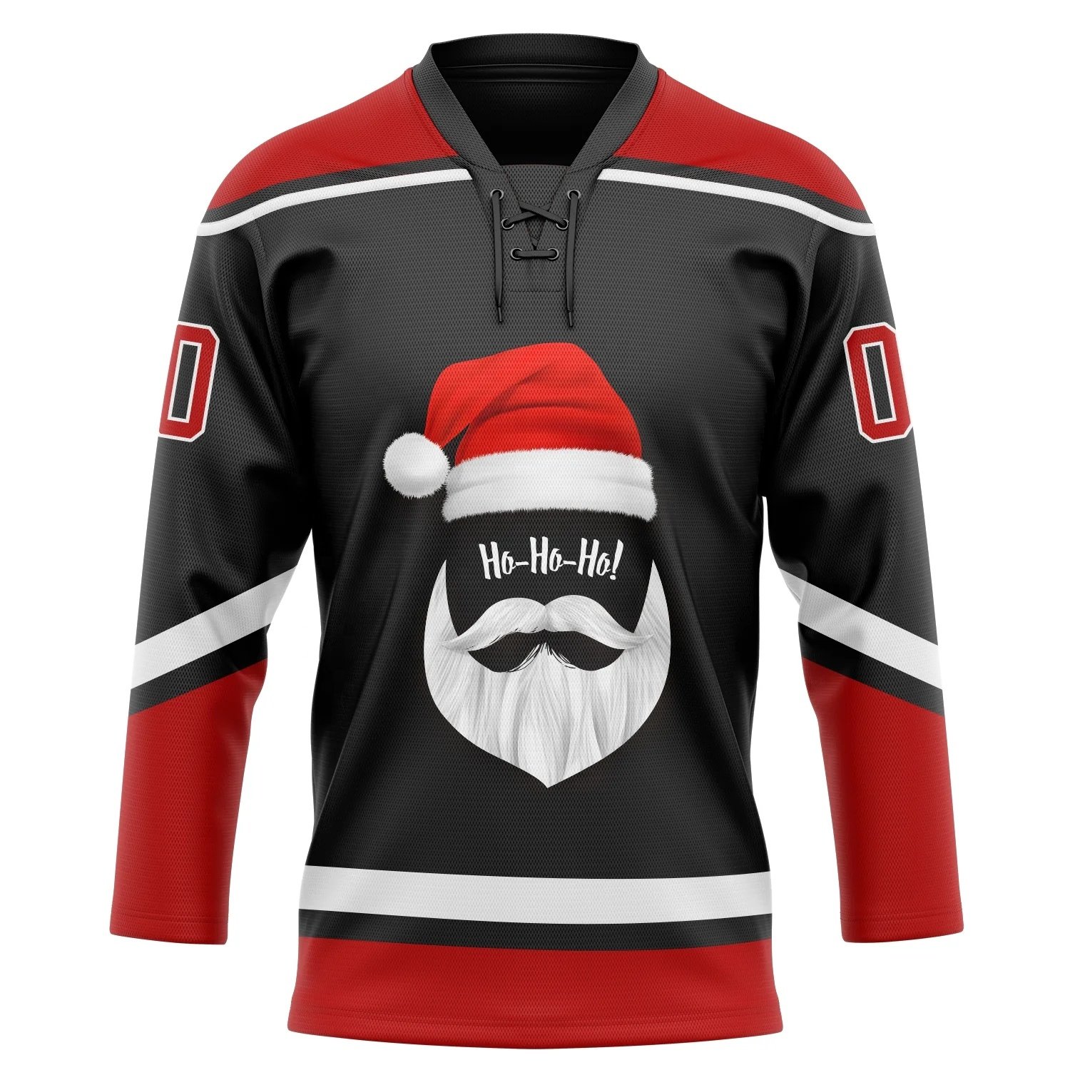 2024 Top QualityCUSTOM BLACK RED-WHITE CHRISTMAS SANTA CLAUS 3D HOCKEY LACE NECK JERSEY