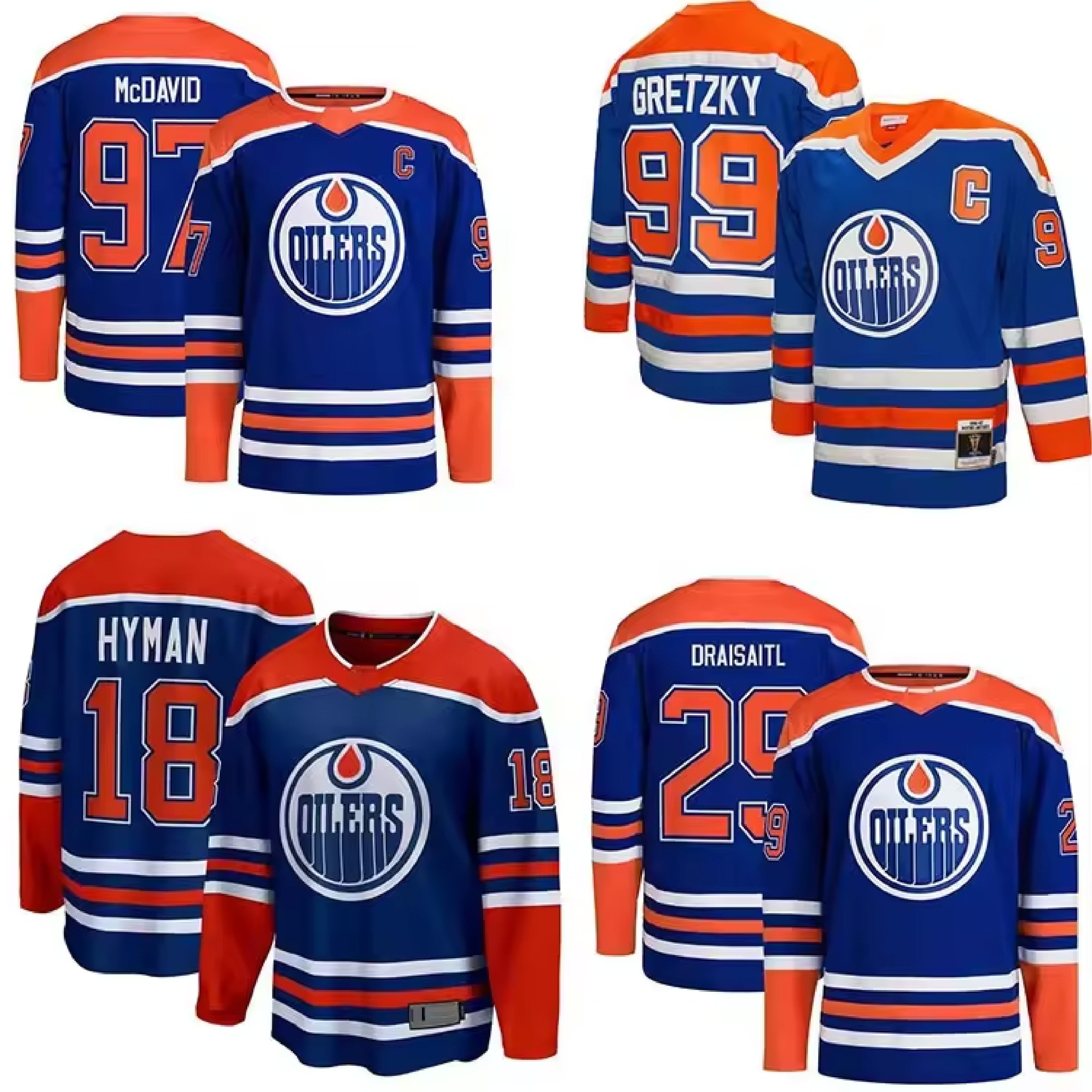 Men's Edmonton 97 Connor McDavid 29 Leon Draisaitl 36 Jack Campbell 93 Nugent Hopkins Top Quality Stitched Ice Hockey Jersey