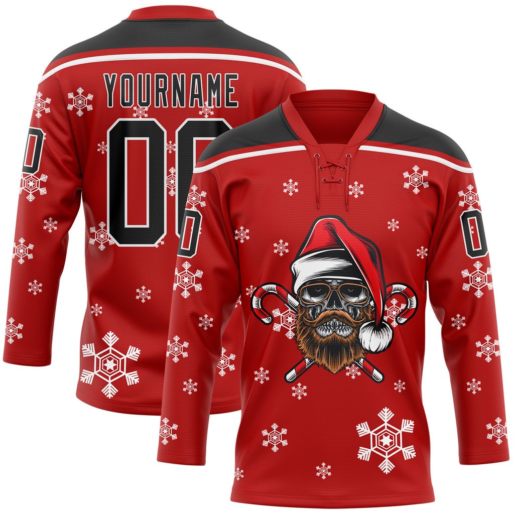 Custom made 100% polyester high quality ice hockey jersey sublimation red christmas hockey jerseys