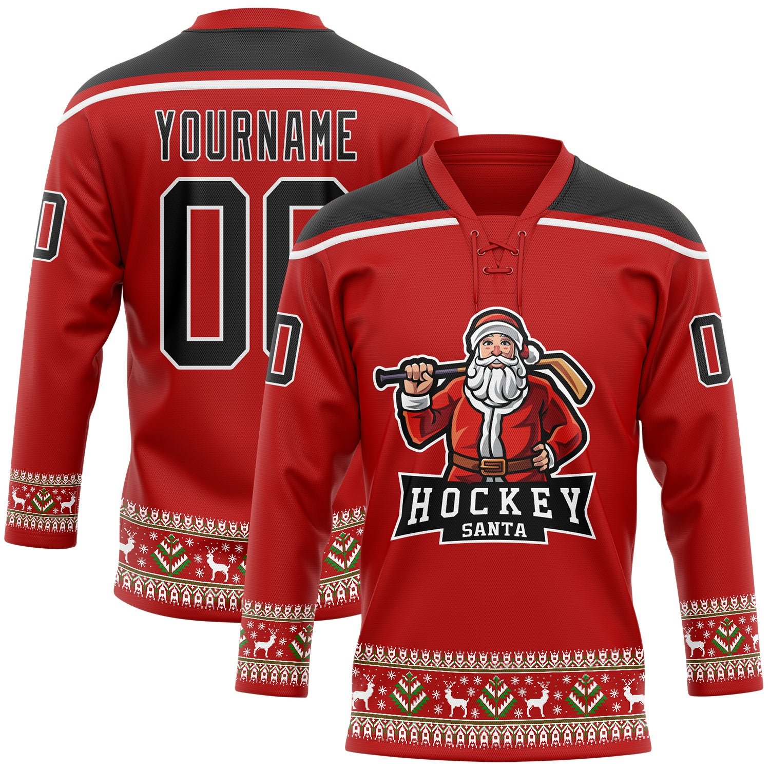 Custom made 100% polyester high quality ice hockey jersey sublimation red christmas hockey jerseys