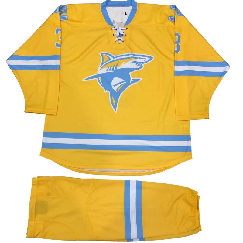 Best selling sublimated hockey wear youth yellow hockey jersey socks team ice hockey jersey custom set