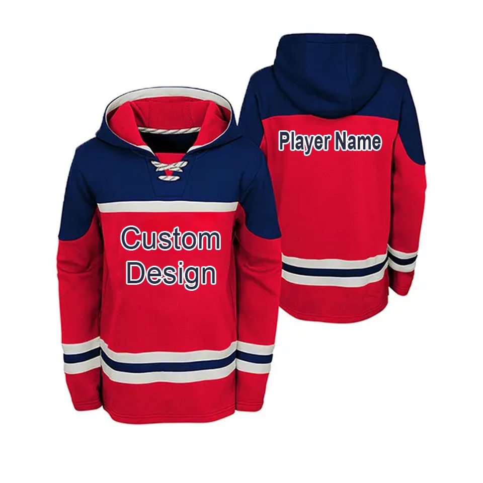 High quality tackle twill embroidery hockey hoodies custom made winter fleece ice hockey hoodie with laces ice hockey hoodie