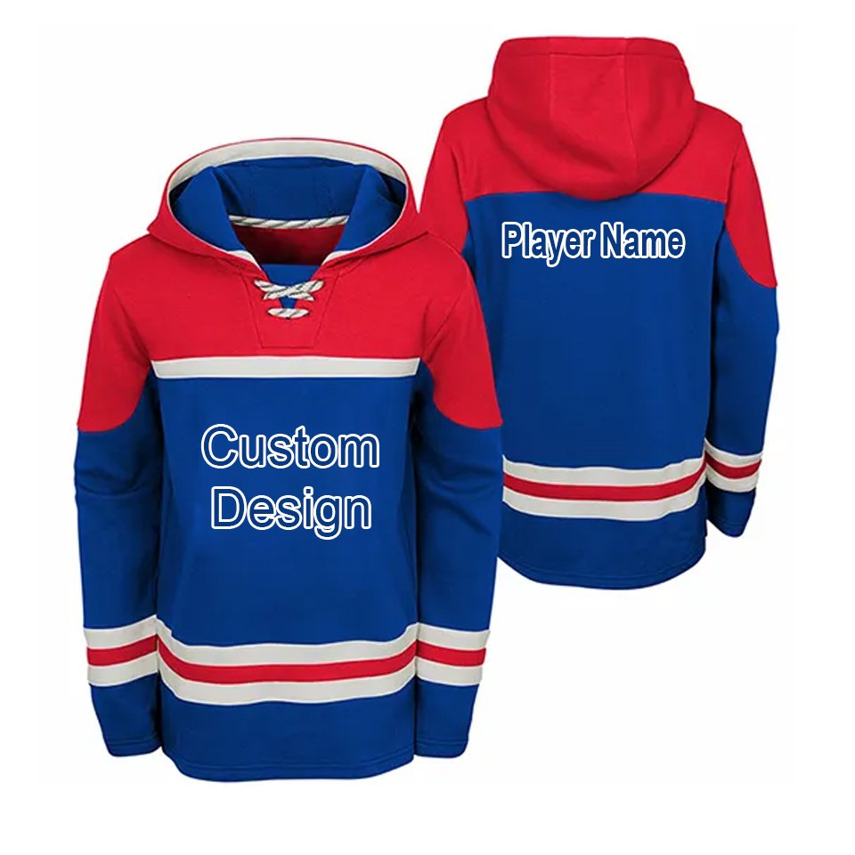 High quality tackle twill embroidery hockey hoodies custom made winter fleece ice hockey hoodie with laces ice hockey hoodie