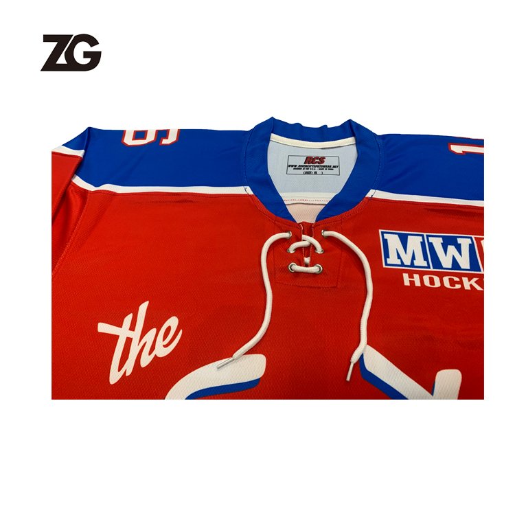 Wholesale Custom Sublimation Red And Blue Hockey Jersey Men Goalie Practice Ice Hockey Jersey