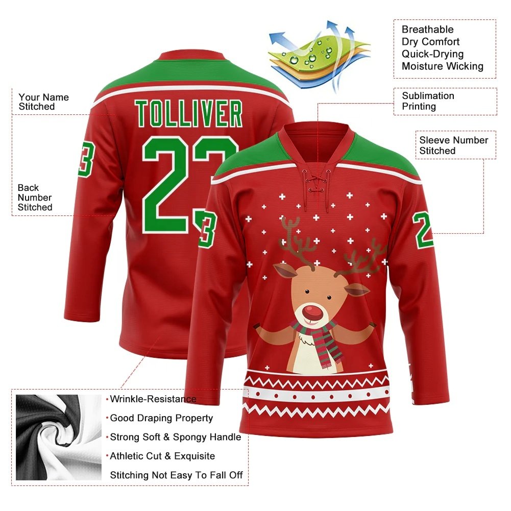 2024 Top Quality Embroidery Custom Team Ice Hockey Jerseys GRASS GREEN-WHITE CHRISTMAS REINDEER 3D HOCKEY LACE NECK JERSEY