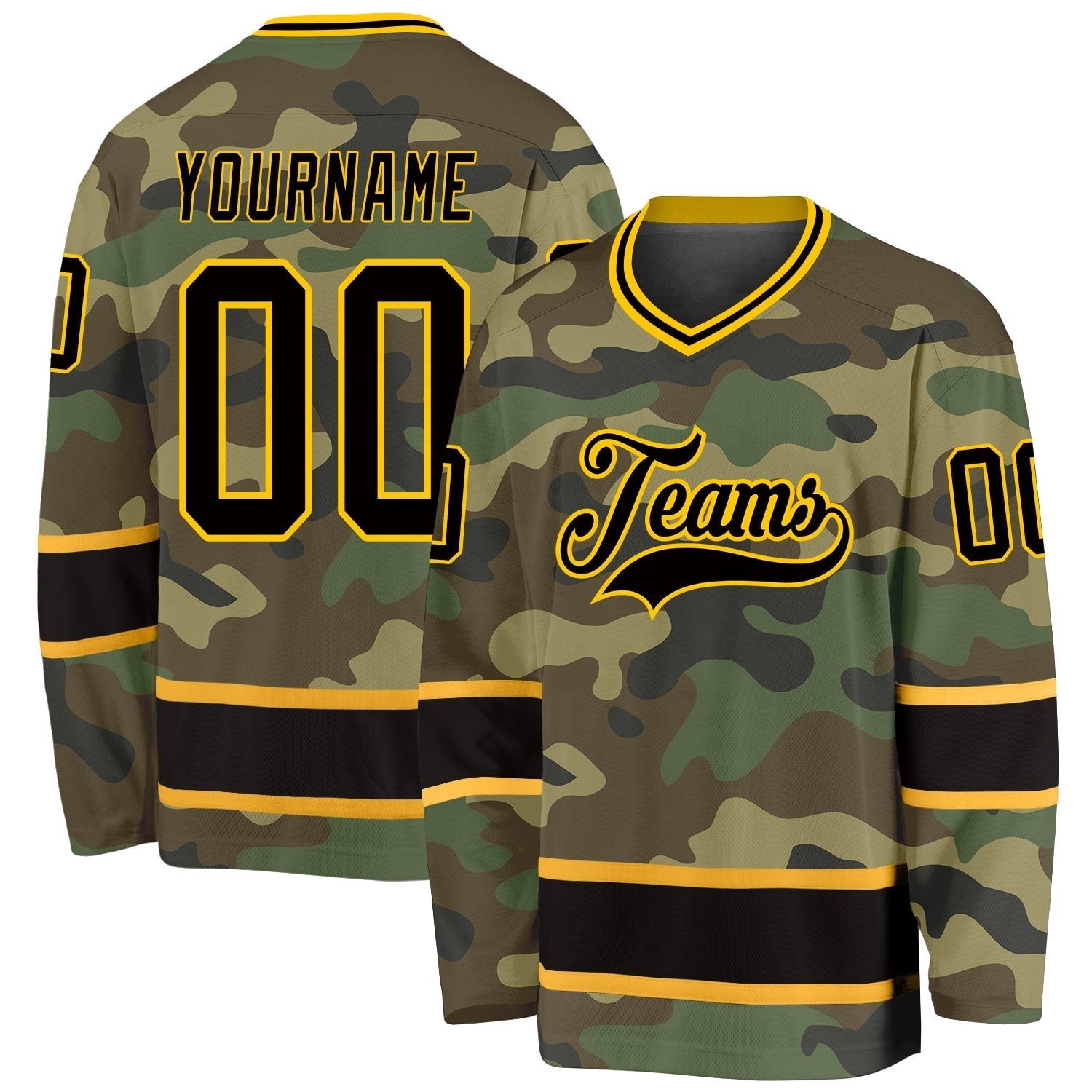 Custom Camo Green Gold Hockey Stitched Jersey with size 2XL 3XL 4XL 5XL 6XL 7XL and big tall tackle twill ice hockey Jersey
