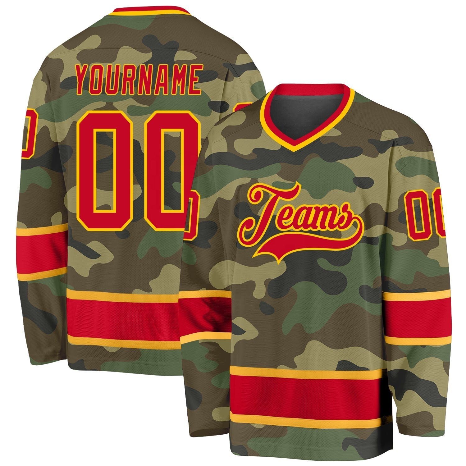 Custom Camo Green Gold Hockey Stitched Jersey with size 2XL 3XL 4XL 5XL 6XL 7XL and big tall tackle twill ice hockey Jersey