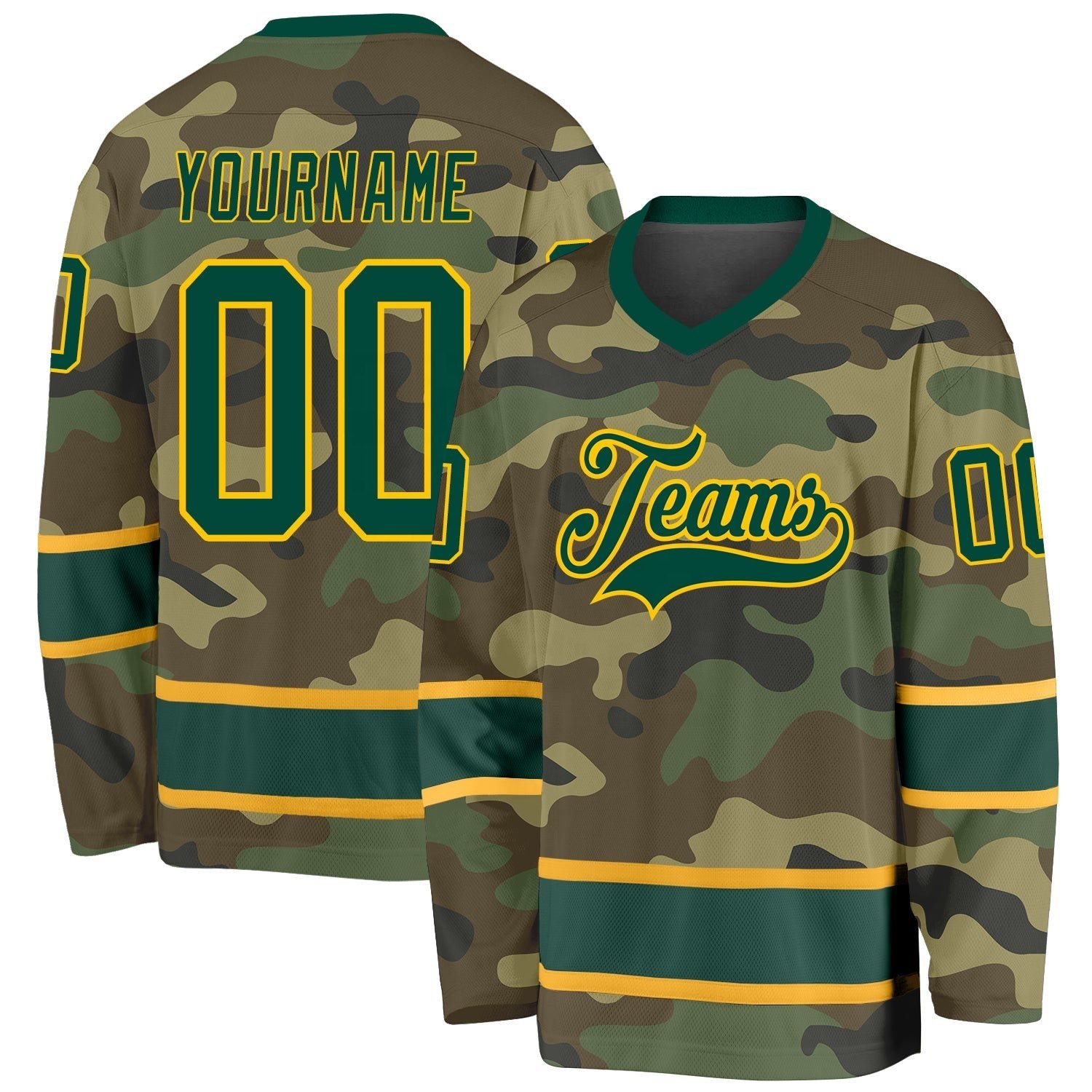 Custom Camo Green Gold Hockey Stitched Jersey with size 2XL 3XL 4XL 5XL 6XL 7XL and big tall tackle twill ice hockey Jersey