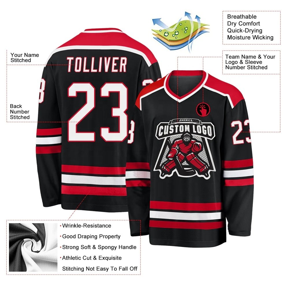 2024 Top Quality Embroidery Custom Team Ice Hockey Jerseys Customized BLACK WHITE-RED HOCKEY JERSEY